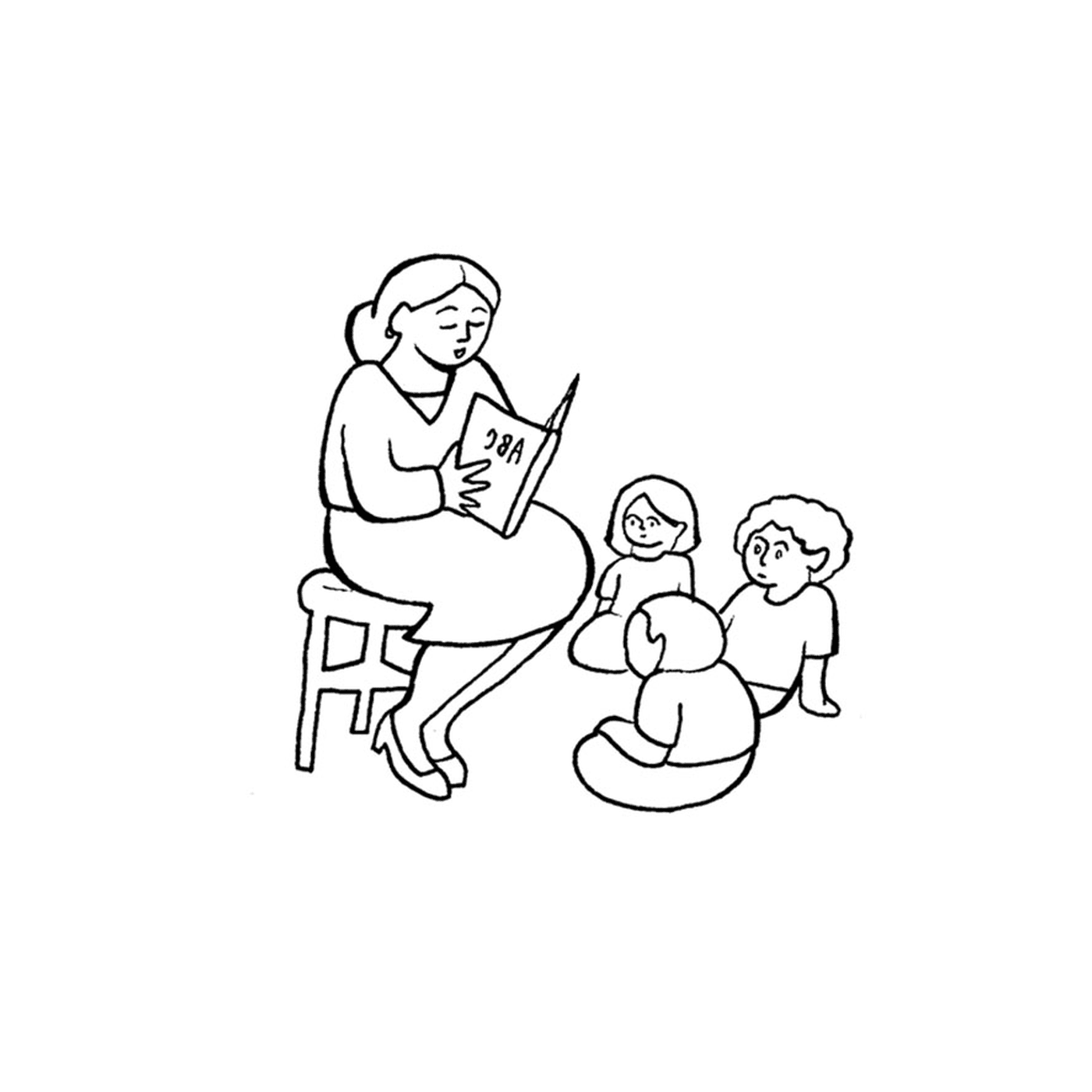  Um professor lendo um livro de dois filhos 