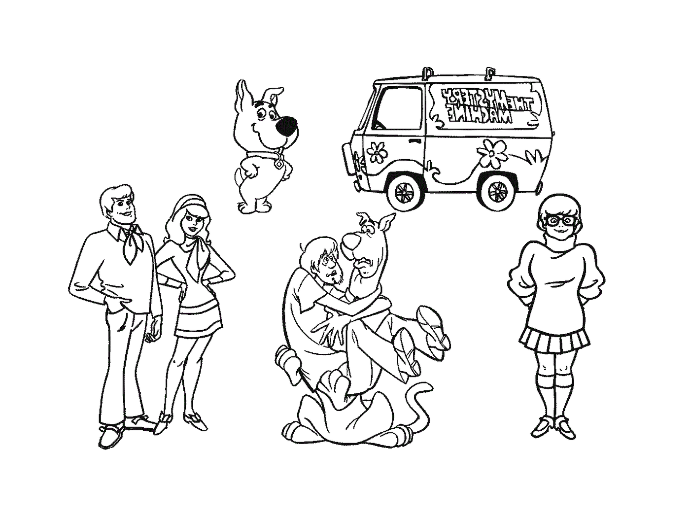  Um grupo de pessoas e uma van Scooby-Doo 