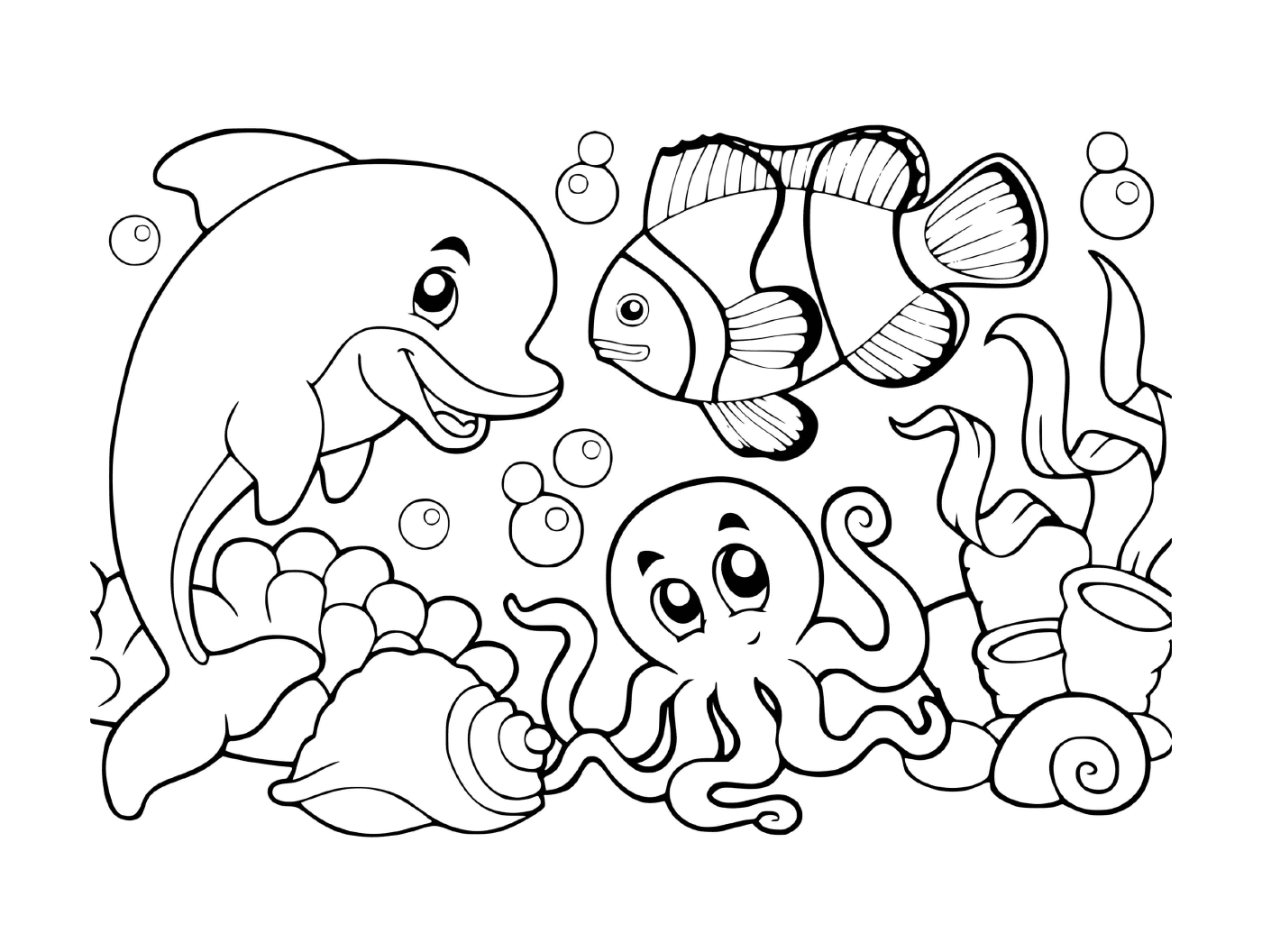  水下鱼、贝类和章鱼的场景 