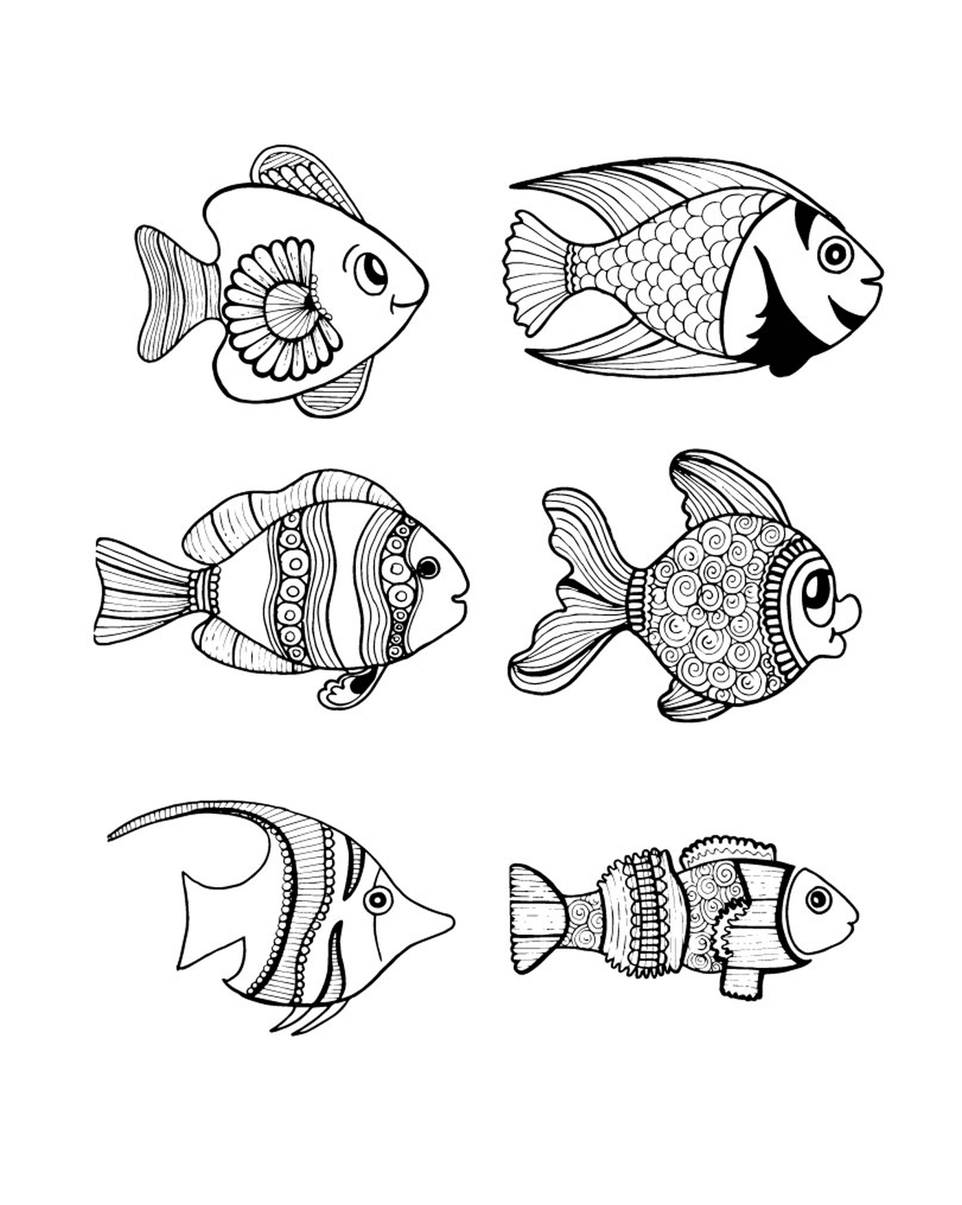  um conjunto de seis desenhos de peixes pretos e brancos 