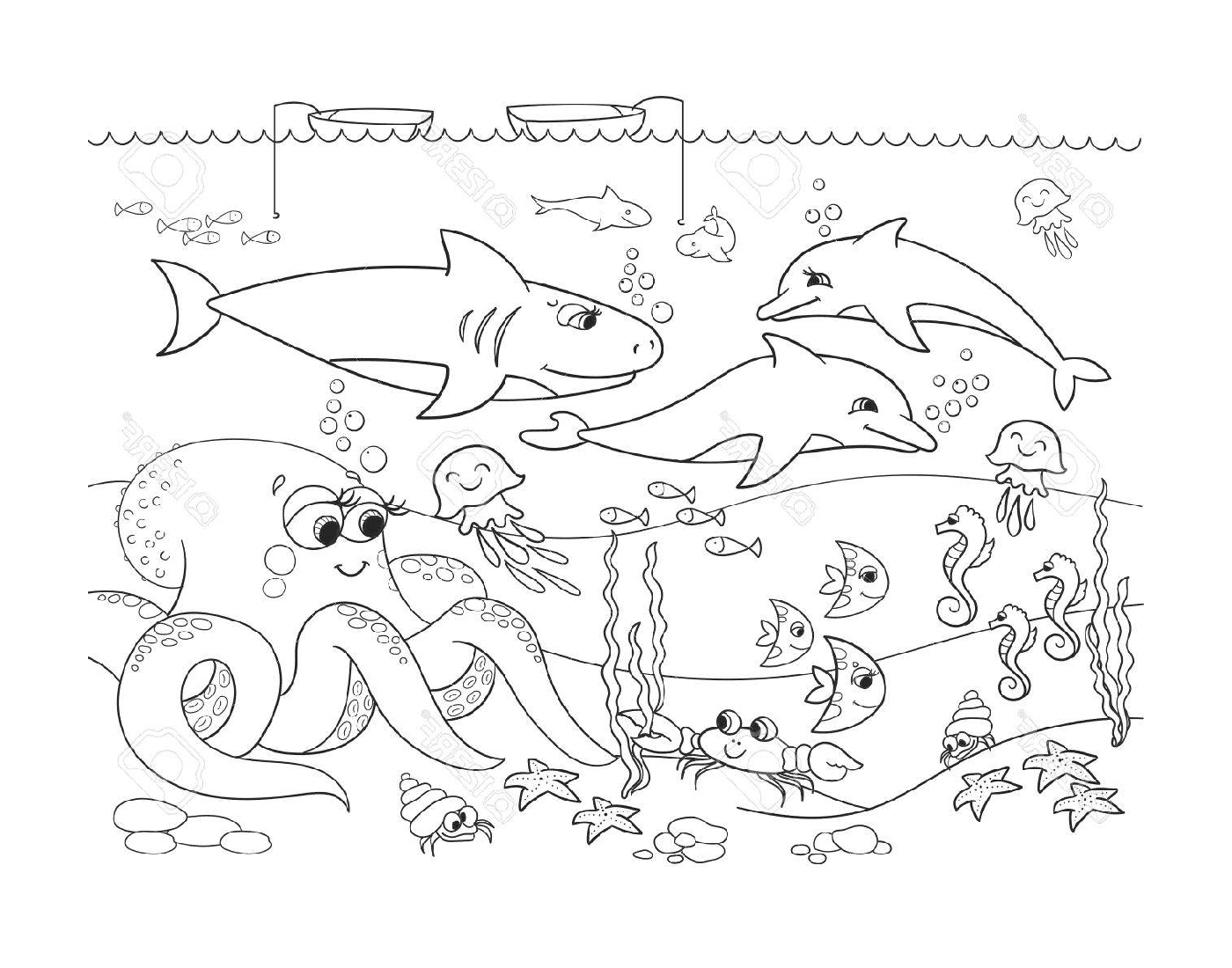  अनेक भिन्‍न जानवरों के साथ समुद्र - तल का दृश्‍य 