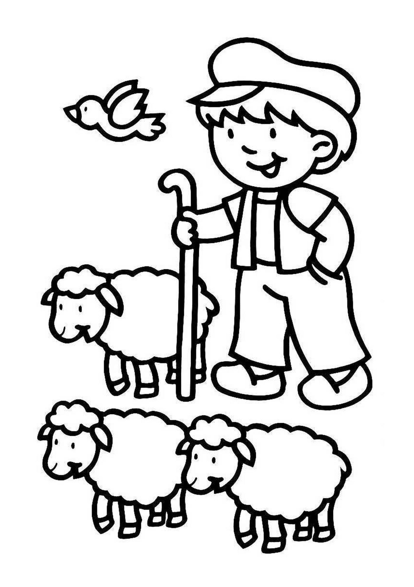  Agricultor cercado por muitas ovelhas 