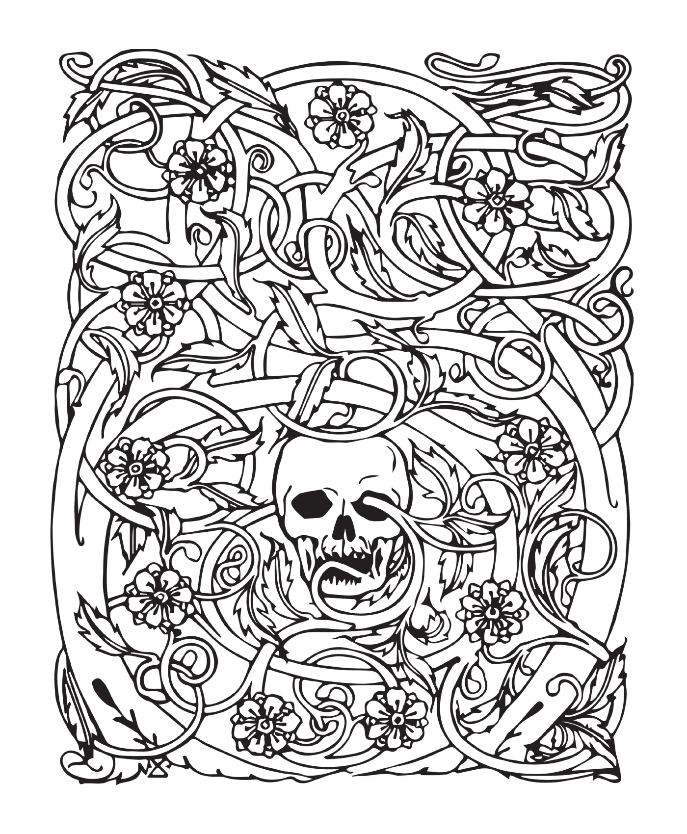  Halloween adulto, esqueleto complexo, rodeado por flores 