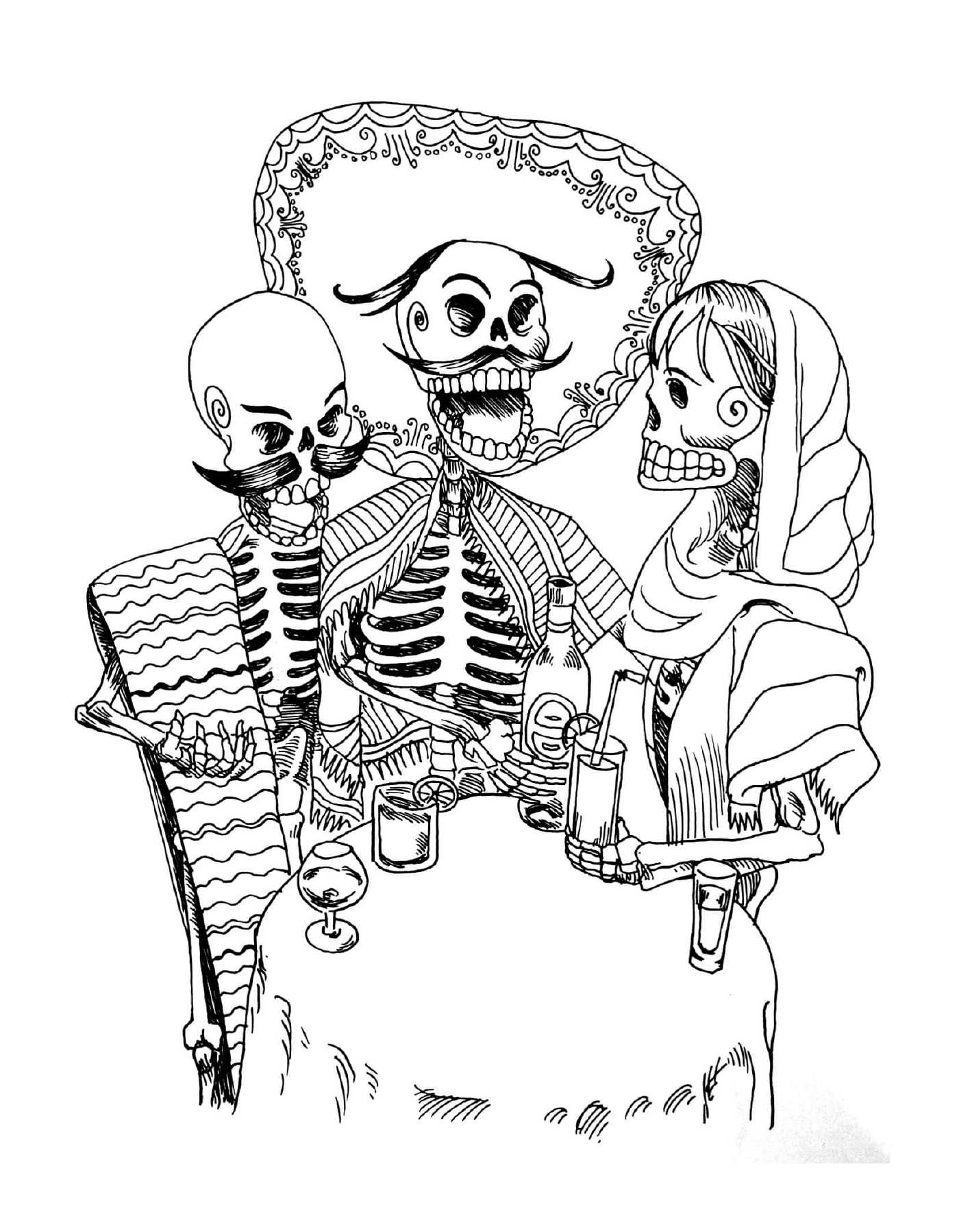  Halloween adulto, tatuagem, esqueleto, mulher sentada em uma mesa 