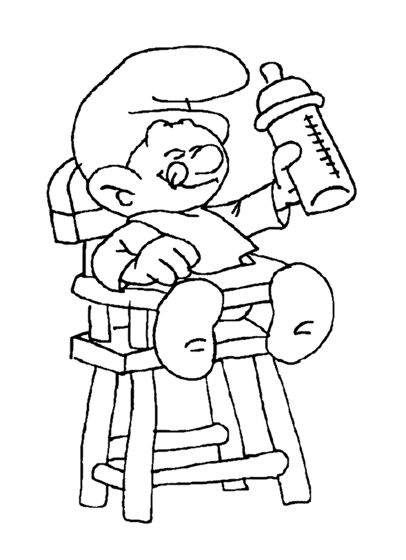  Um bebê Smurf em uma cadeira alta 