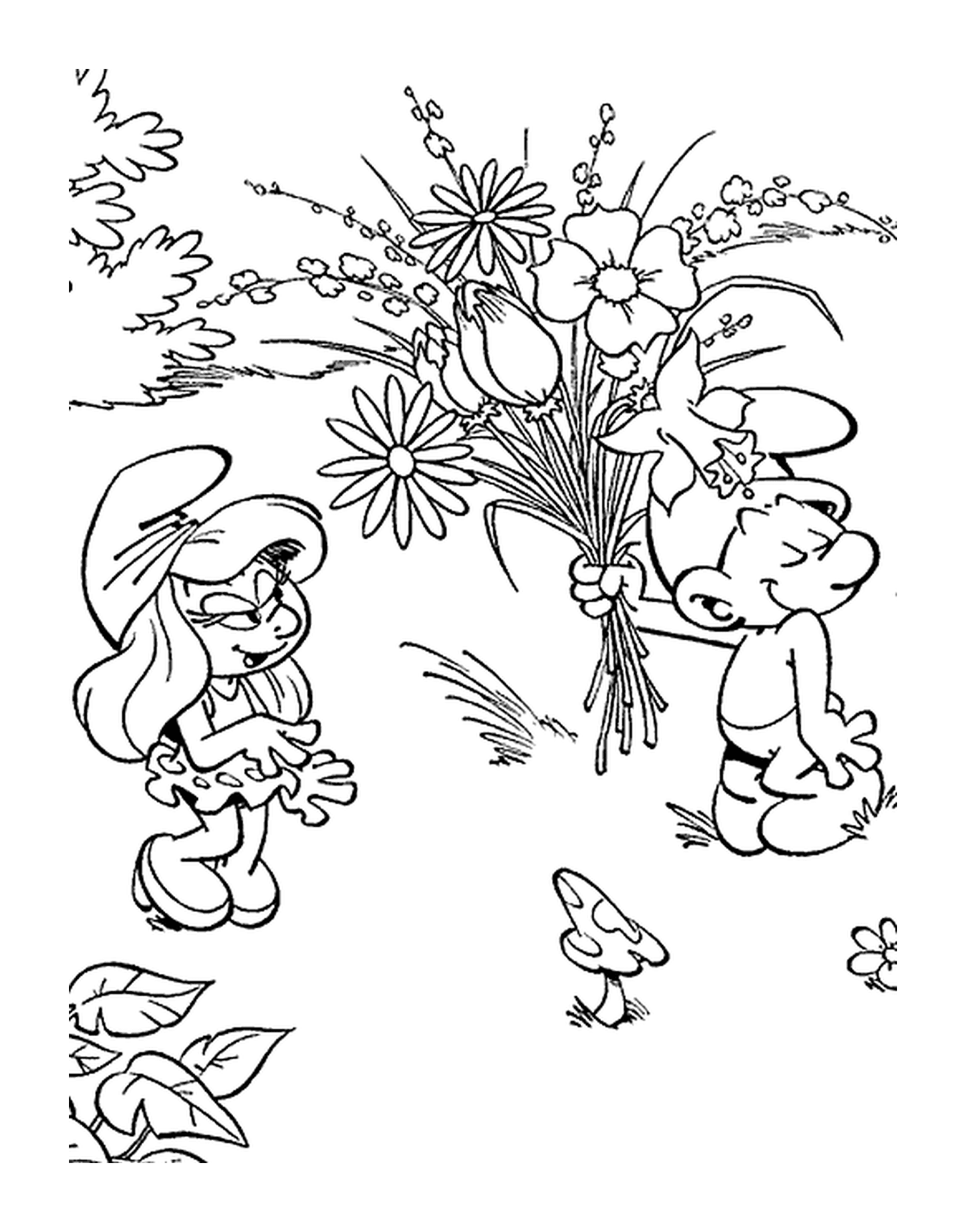  Um menino e uma menina segurando flores 