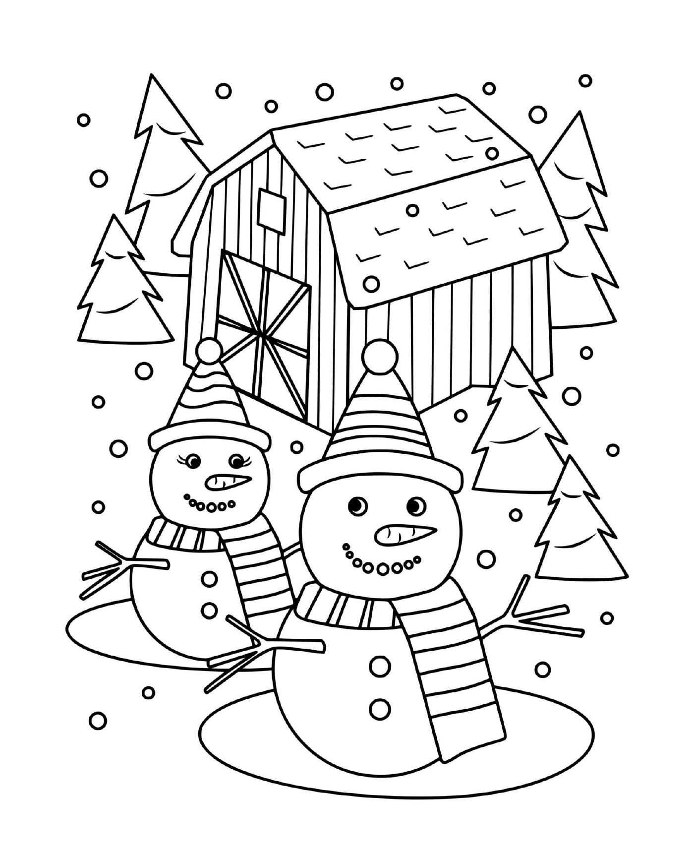  Um boneco de neve e uma senhora de neve cercada por abetos 
