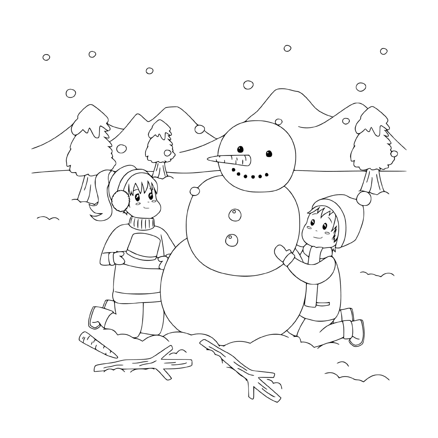  Crianças construindo um boneco de neve em uma paisagem nevada 