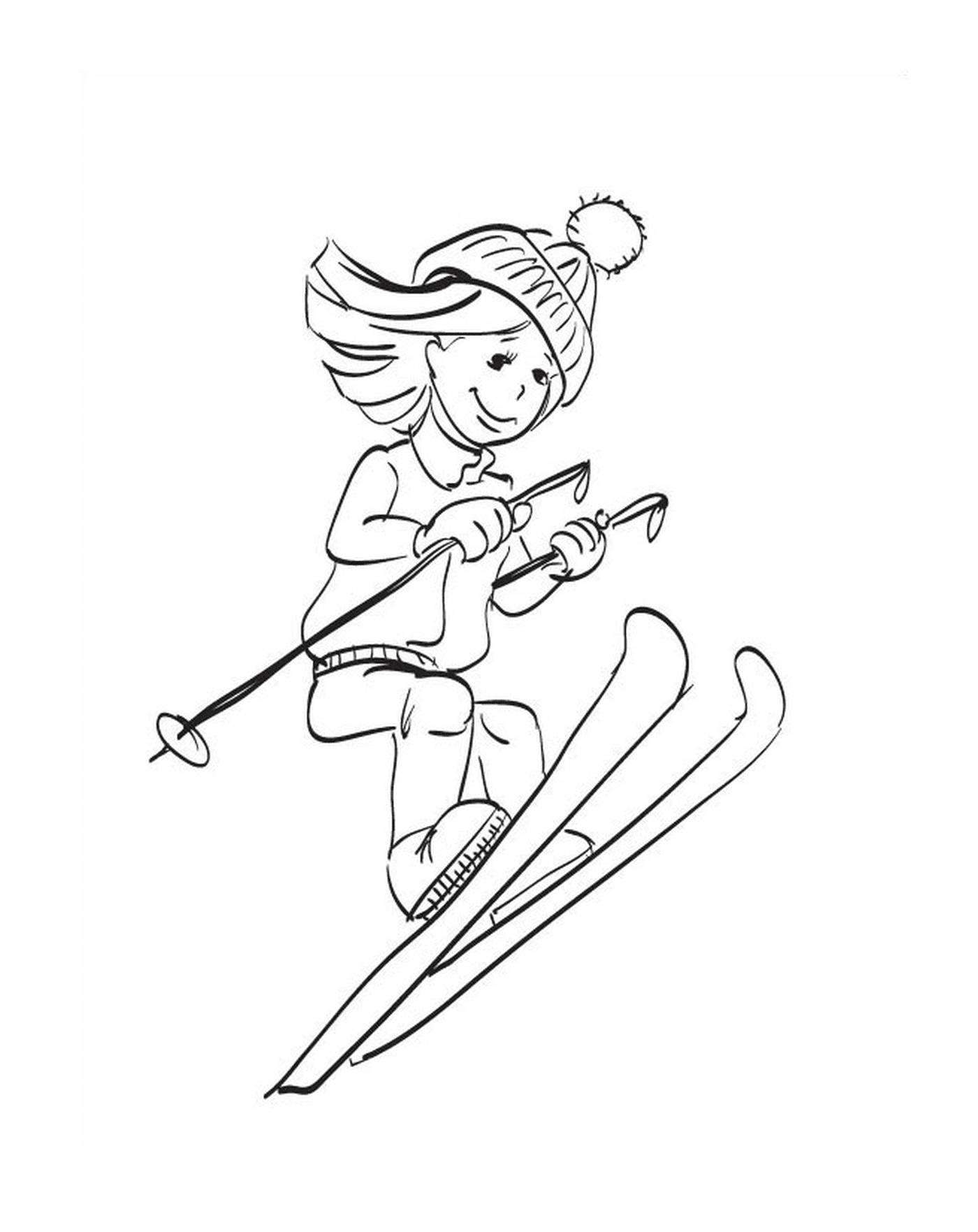  Esporte de inverno, esqui, menina descendo uma encosta 
