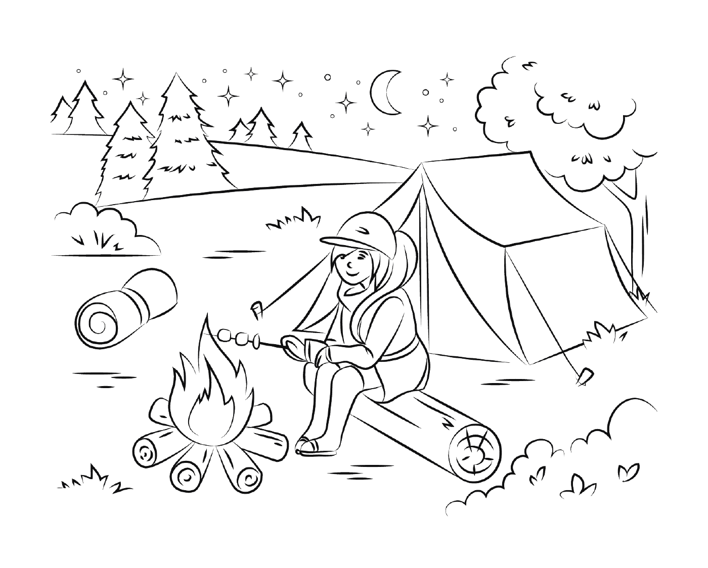  Menina acampar e grelhar marshmallows durante o verão 