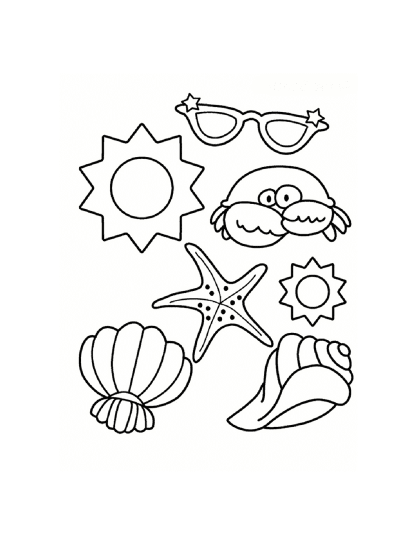  海滩上的贝壳鱼、海星鱼、螃蟹和太阳眼镜 