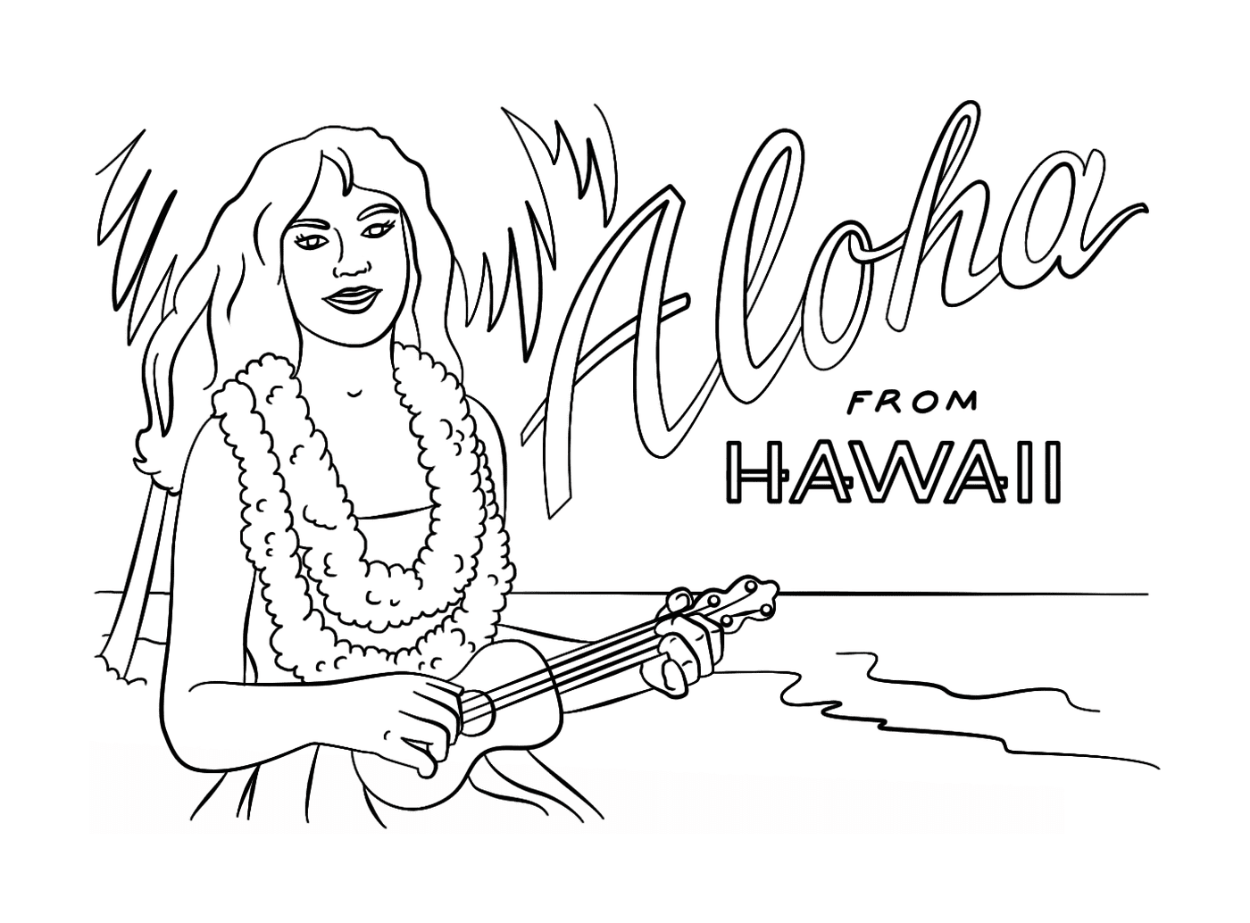  Uma menina havaiana com um ukulele dançando durante as férias de verão 