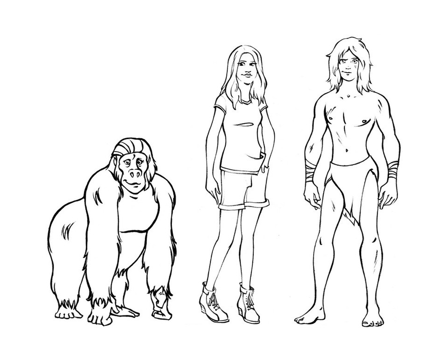  男人和女人站在大猩猩旁边 