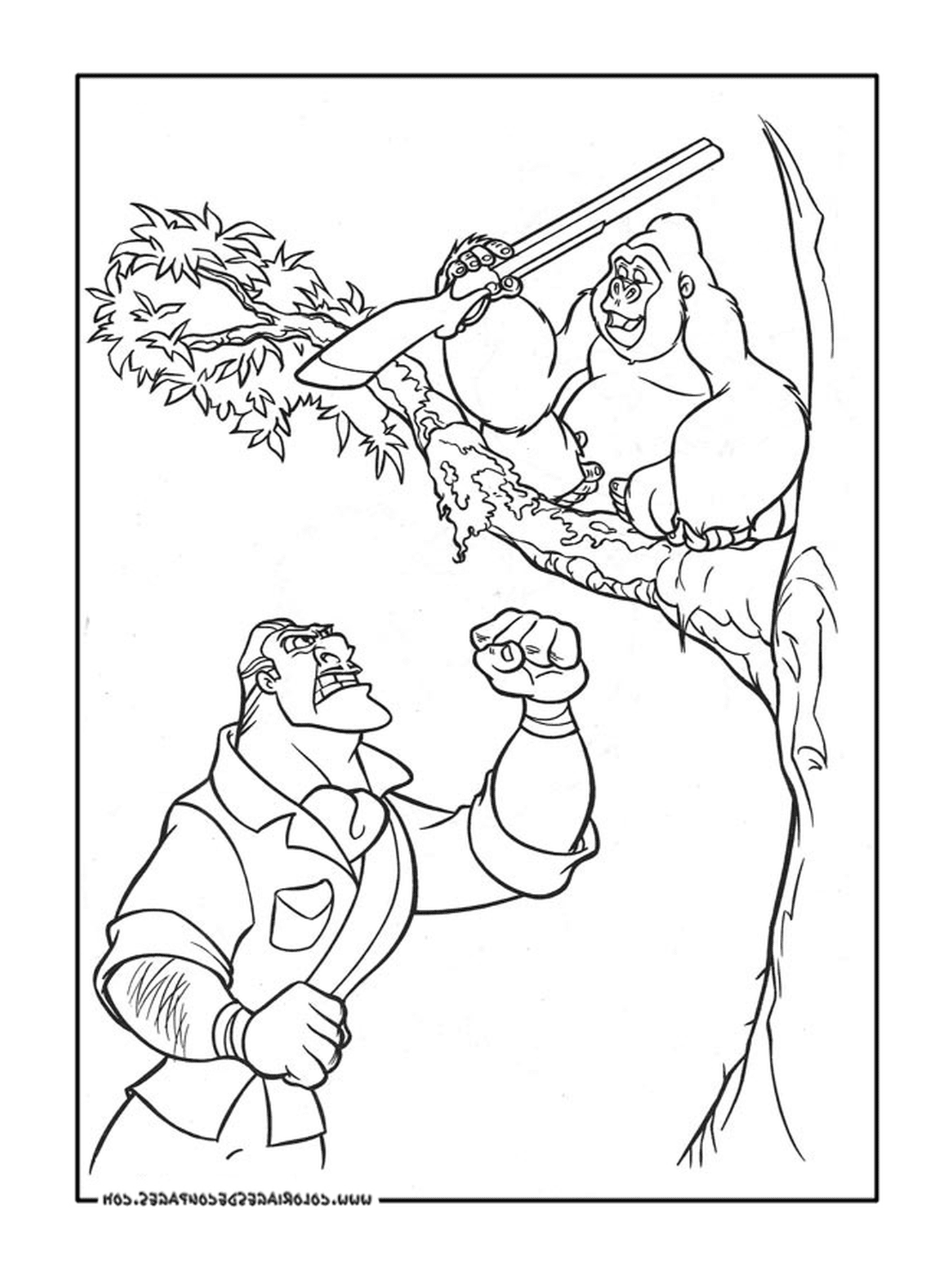  Homem e gorila em uma árvore 