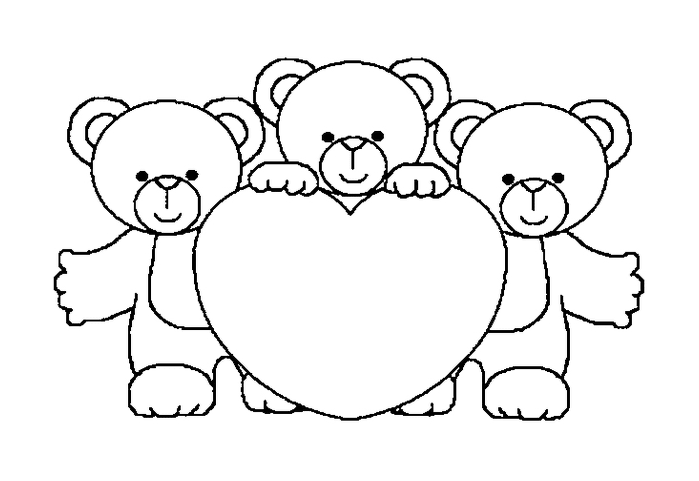  Três ursinhos de pelúcia com coração 