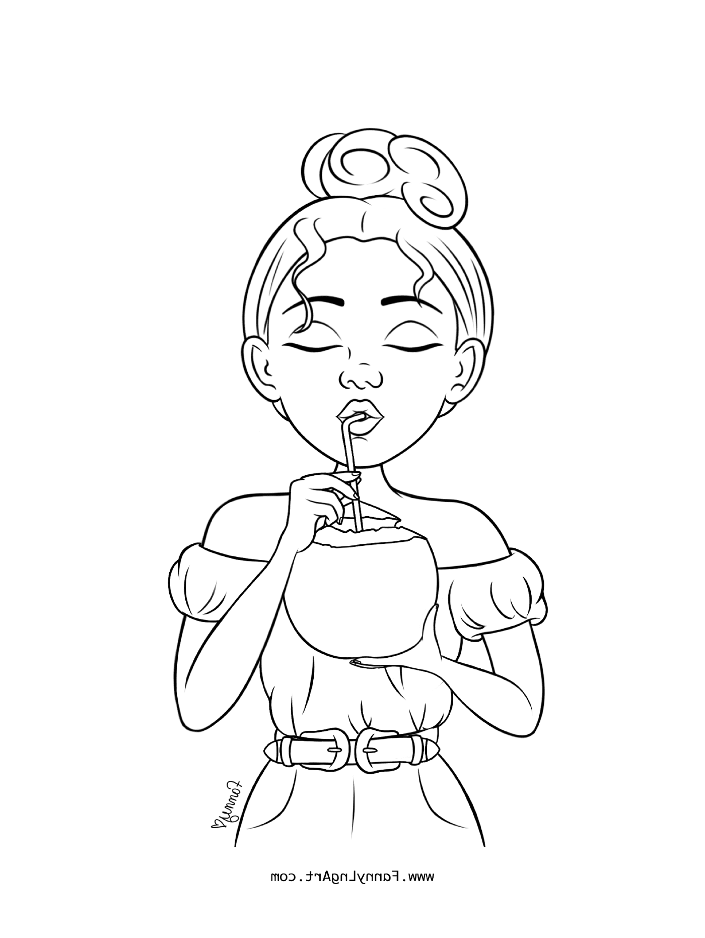  Menina jovem bebendo uma bebida de coco 