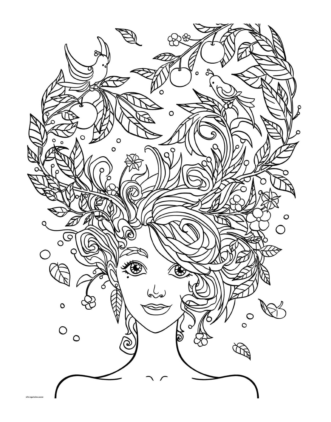  Cabeça de mulher adulta com flores no cabelo 