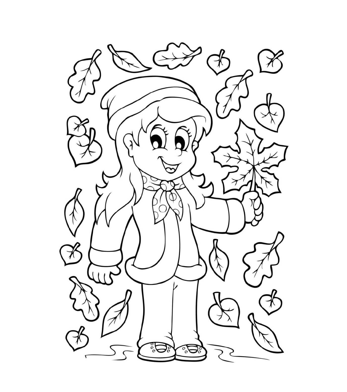  Menina cercada por folhas de outono 