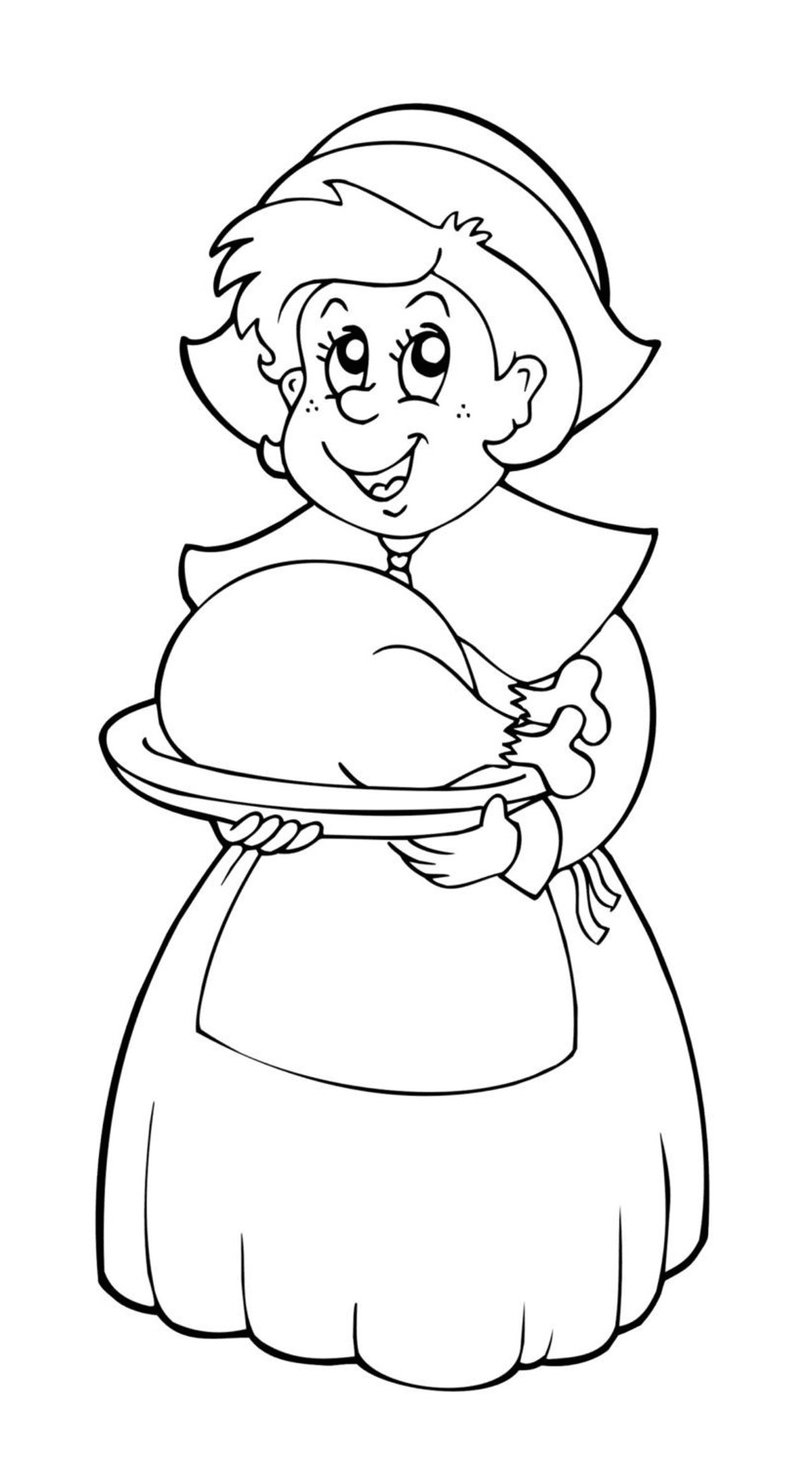  Uma mulher velha que segura um prato com um peru 