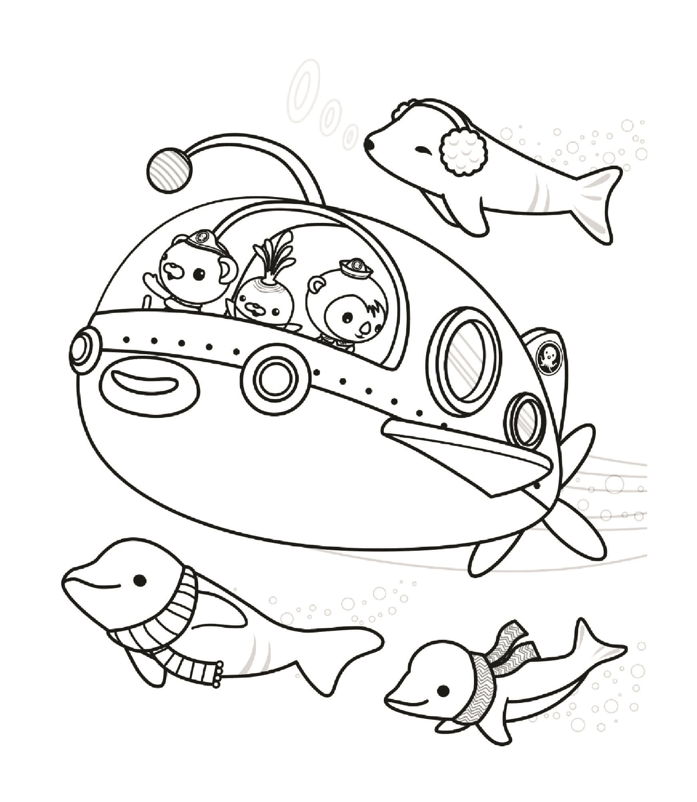  探索海床,一艘有动物的潜水艇 
