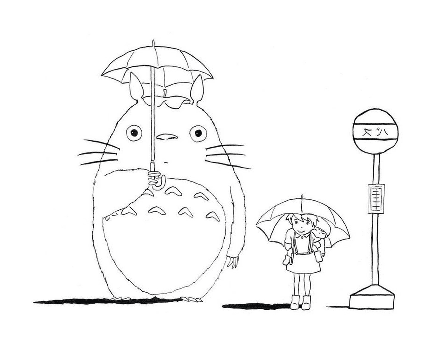  Totoro e uma menina esperando o ônibus na chuva 