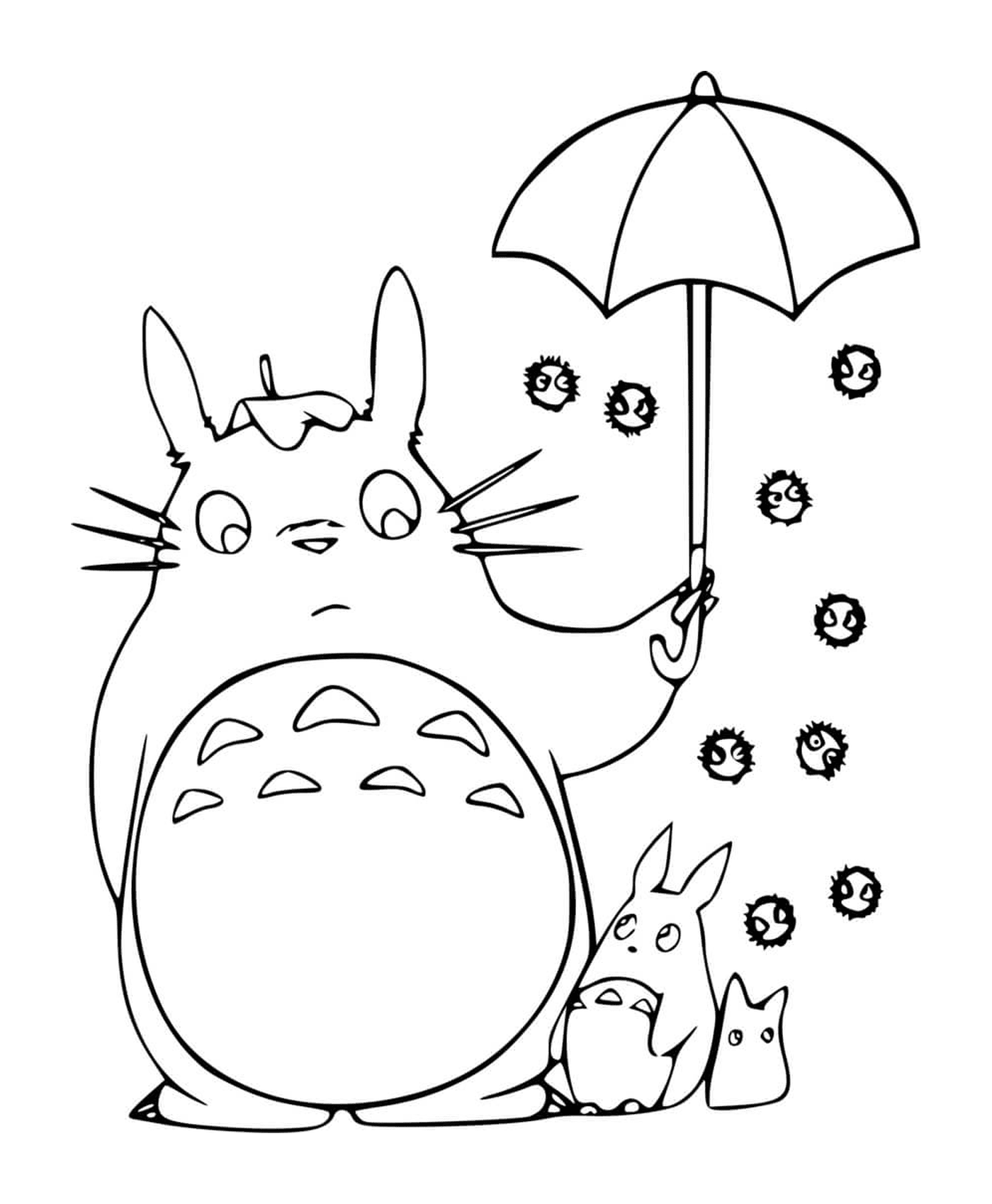  Totoro segurando um guarda-chuva aberto com uma criança 