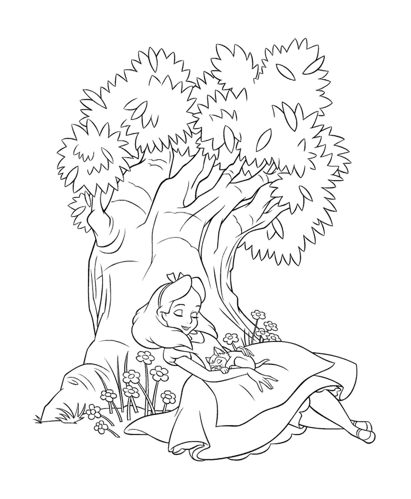  Uma menina sentada debaixo de uma árvore 