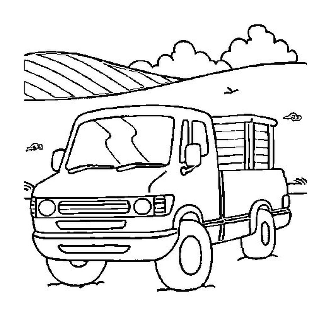  一辆停在山丘附近田地上的卡车 