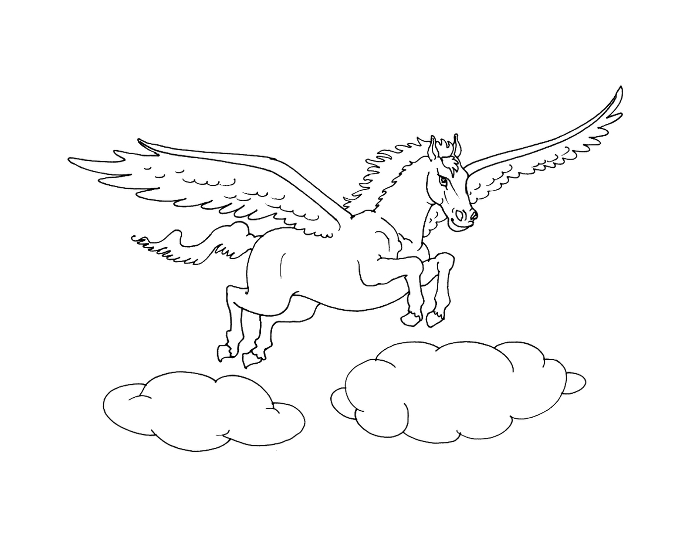  双翼马匹在云上飞翔 