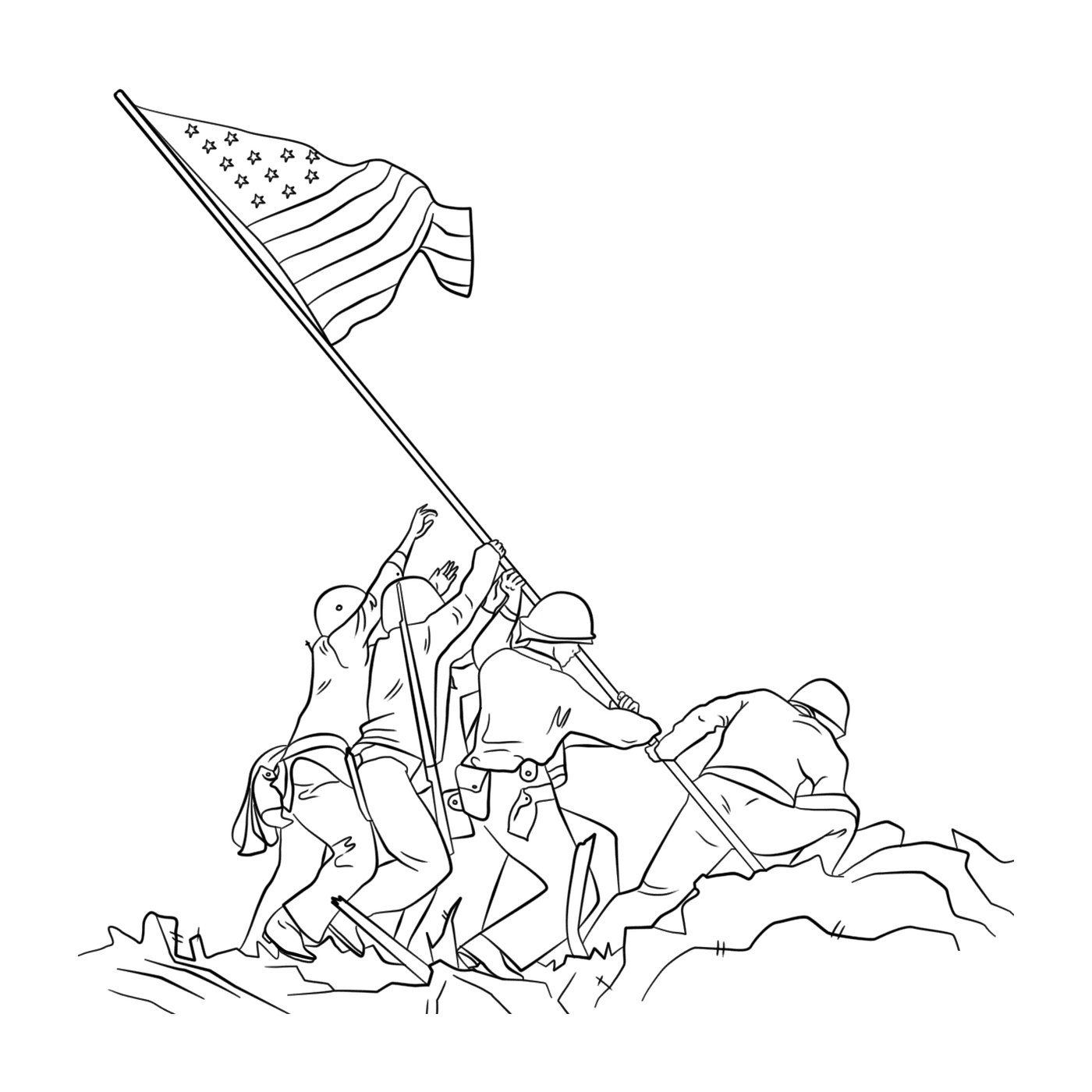  Grupo de pessoas branding uma bandeira ao levantar a bandeira em Iwo Jima 