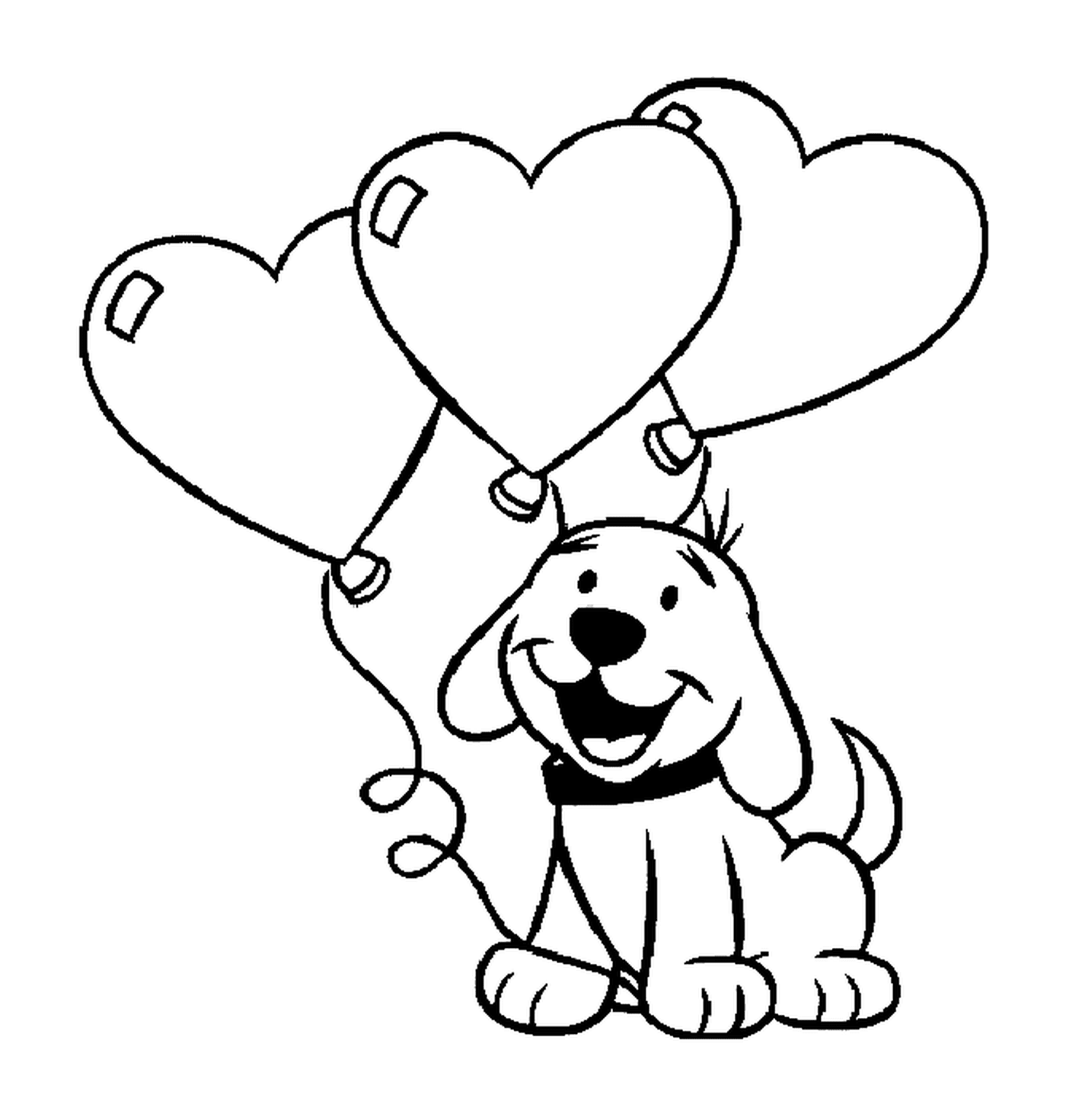  Um cão segurando balões em forma de coração 