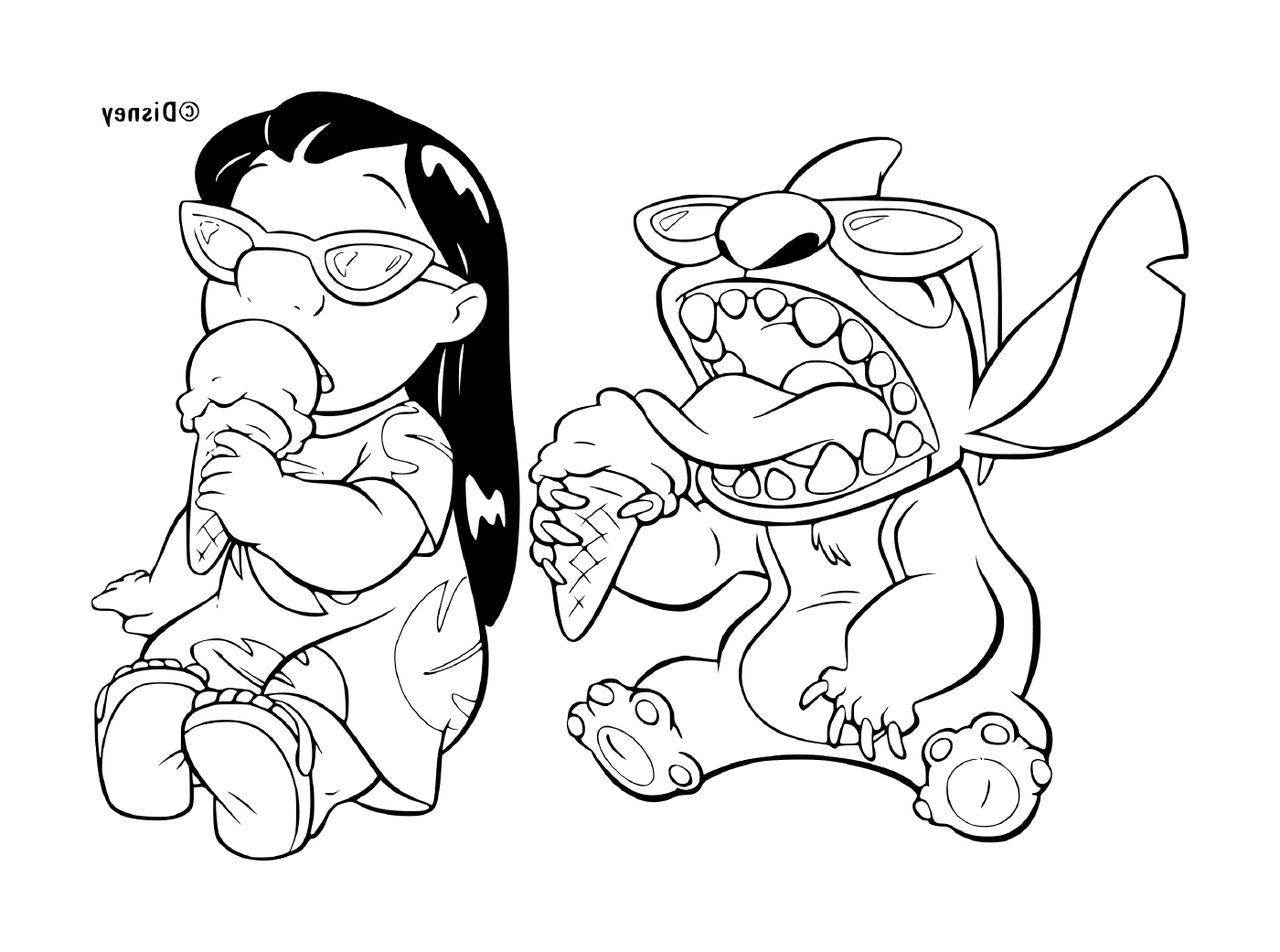  Dois personagens de desenhos animados, um dos quais come uma fatia de pizza 