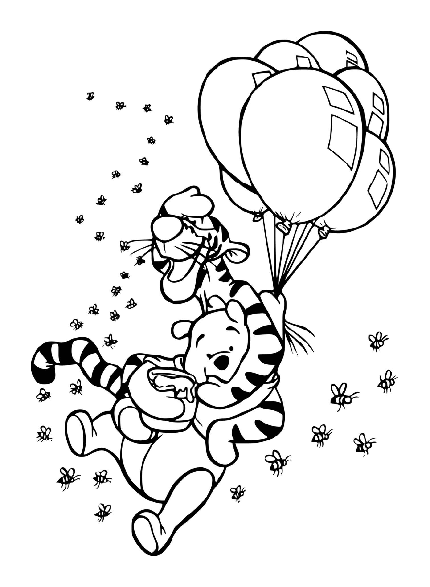  Tigrou e Winnie no ar com balões e um pote de mel 