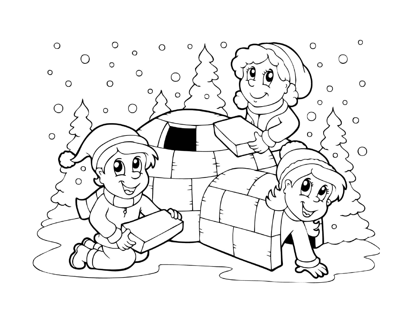  儿童在冬天建造冰屋 
