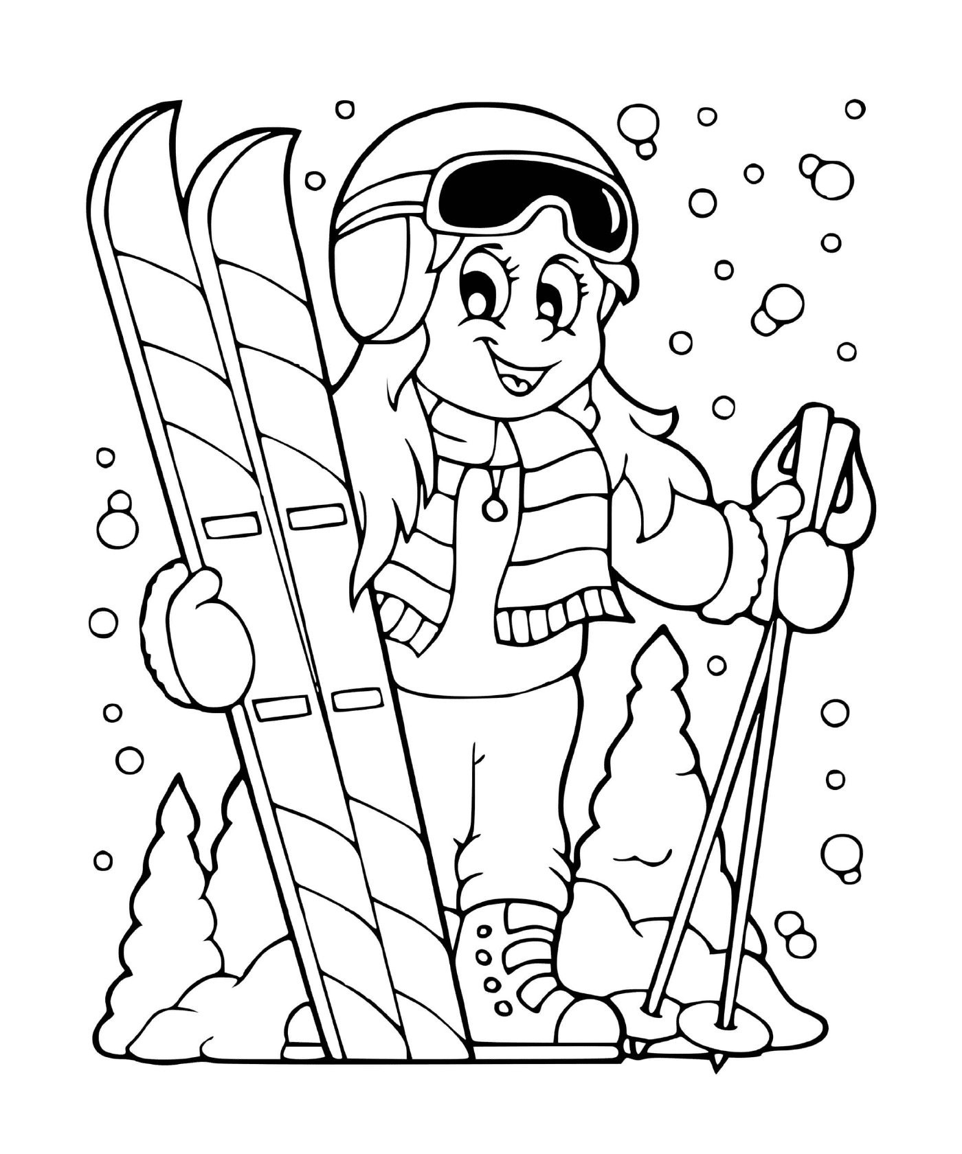  女孩在冬季滑雪高山 