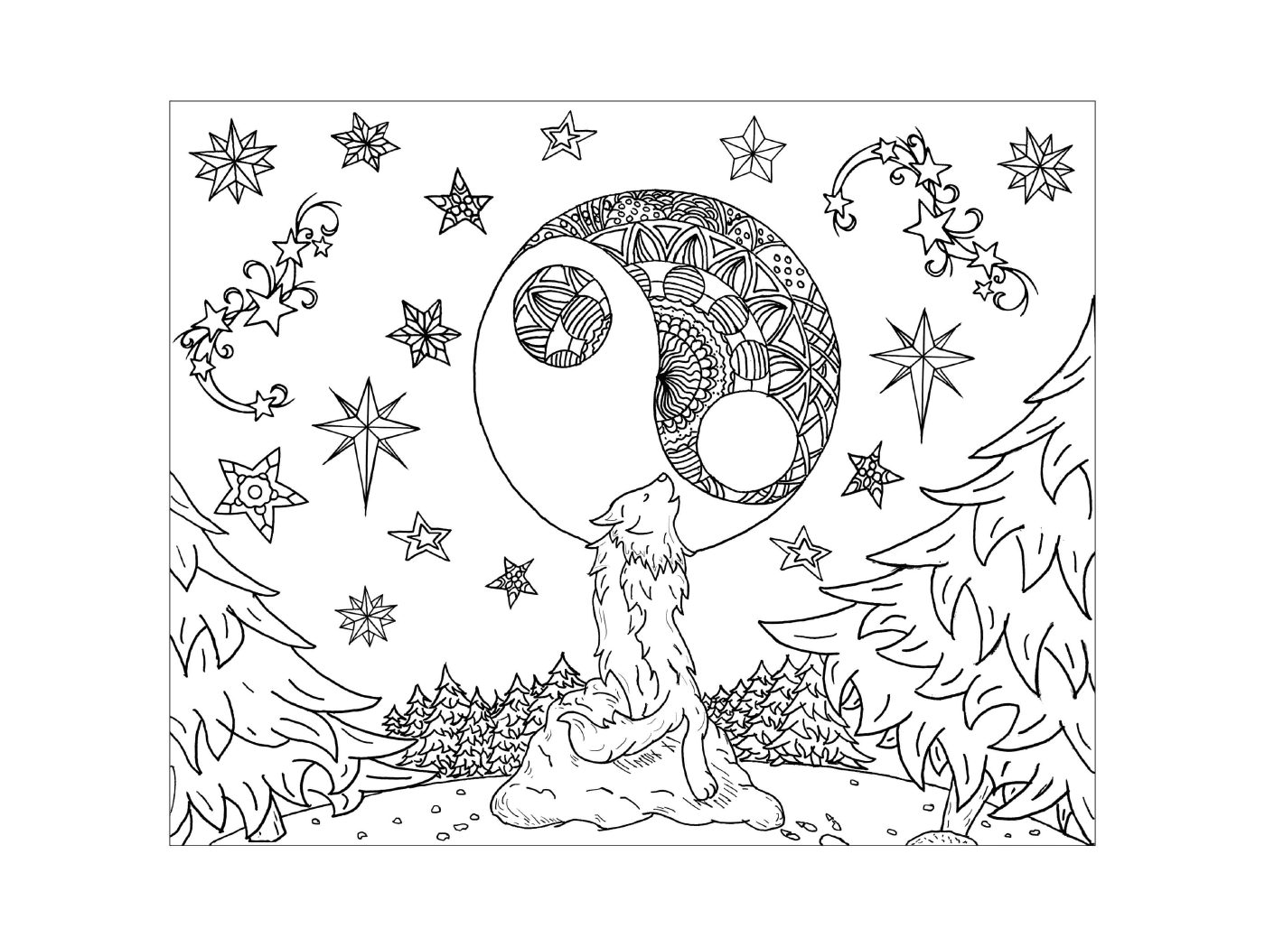  Lobo sentado em uma rocha com uma lua em mandala 